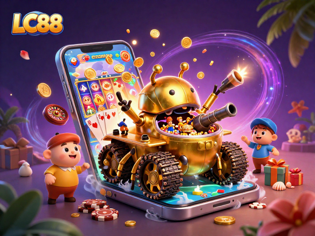 Engage with LC88's vibrant casino world featuring a golden beetle tank and slot games.