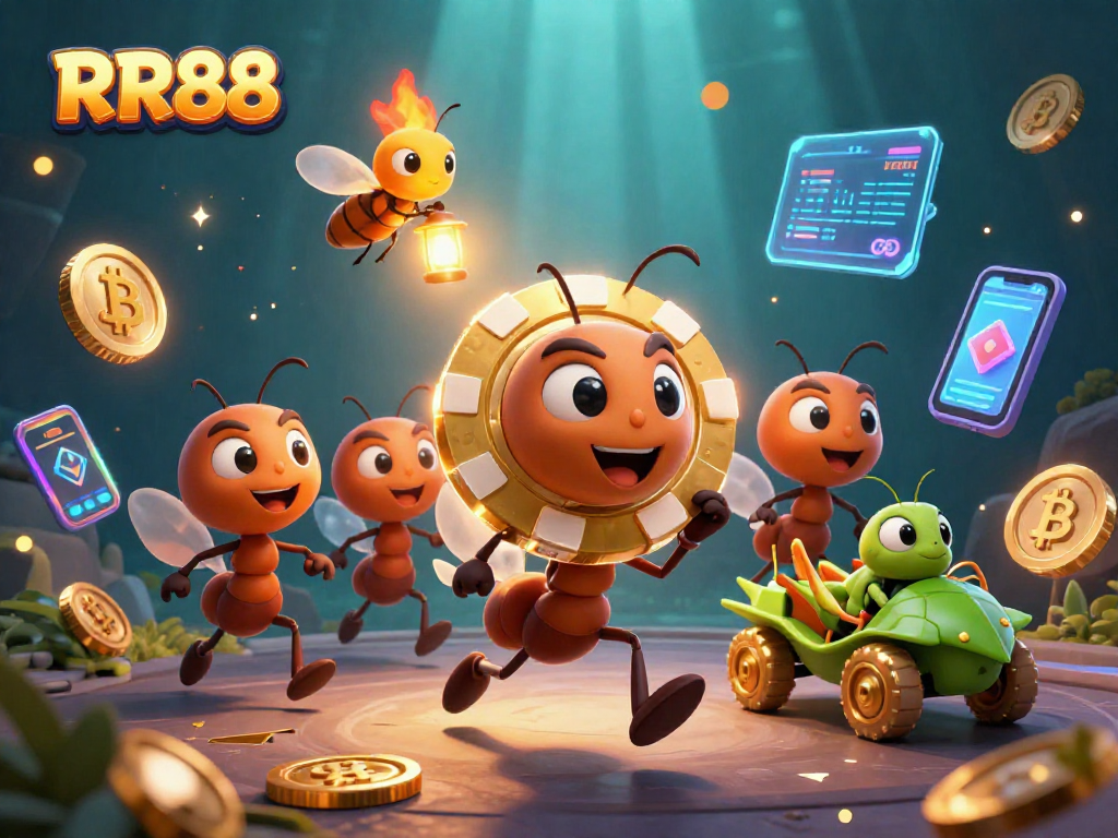 Join the RR88 heist with cartoon ants carrying a golden poker chip in a vibrant casino scene.
