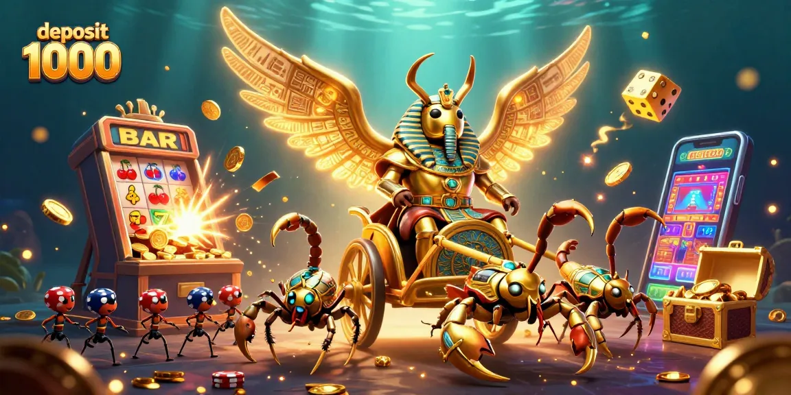 Engage with the excitement of deposit 1000 in a vibrant casino scene featuring a golden scarab beetle.