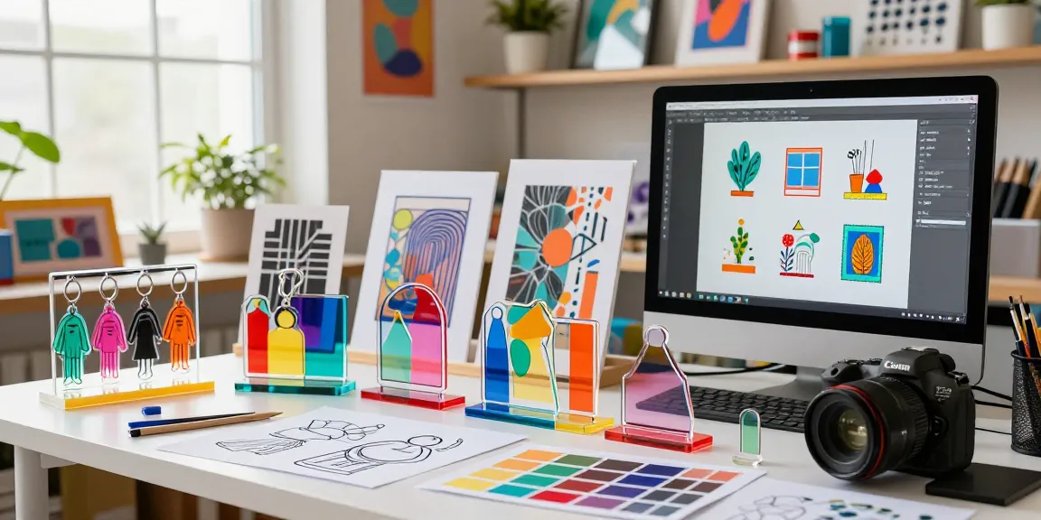 Custom acrylic stand display in a vibrant studio, showcasing creativity and colourful designs.
