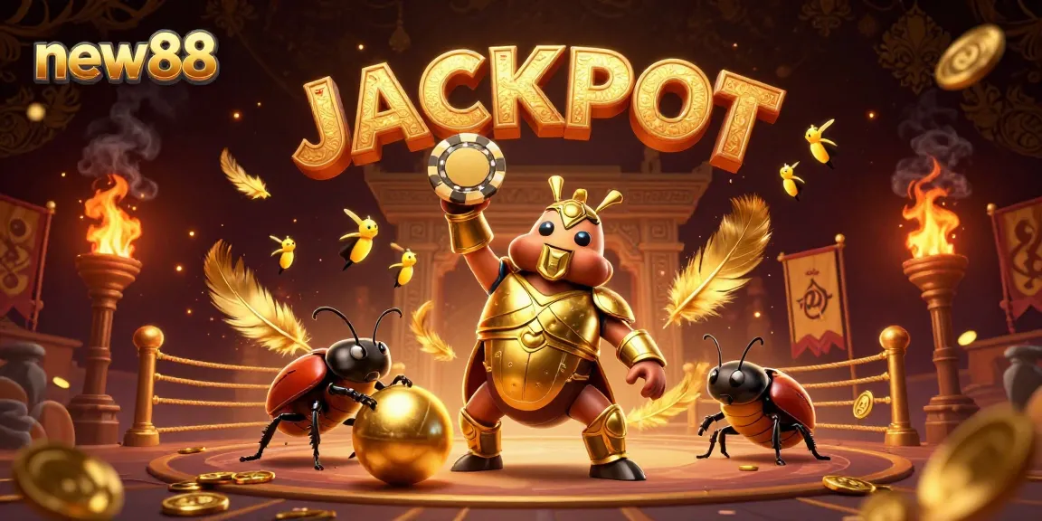 new88 casino action scene with a victorious beetle character and vibrant gaming elements