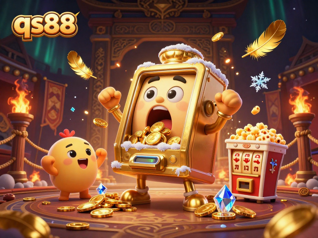 qs88 slot machine celebrating jackpot with vibrant golden coins and effects in dynamic casino setting