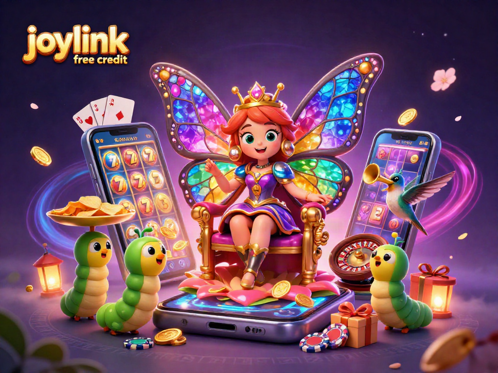 Play slots and experience joylink free credit with a vibrant 3D casino scene illustrating dynamic game elements.