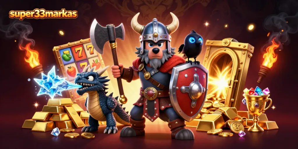 Engage in thrilling gameplay with super33markas, showcasing Viking warrior, fierce dragon, and rich treasure elements.