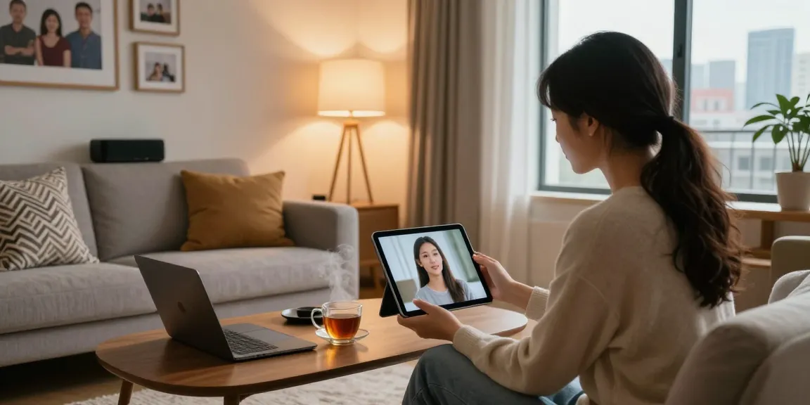 Engaging with an AI girlfriend in a stylish living room, showcasing modern technology and cozy atmosphere