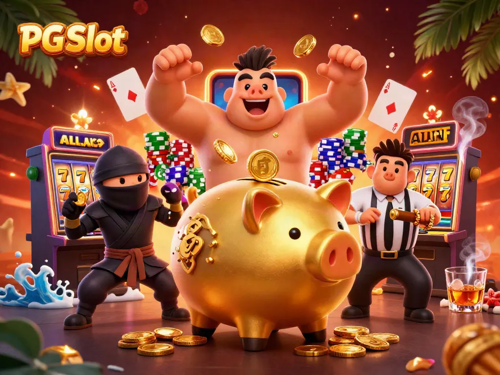 Engage with PG Slot as golden piggy bank sumo wrestler stirs excitement in a vibrant casino scene