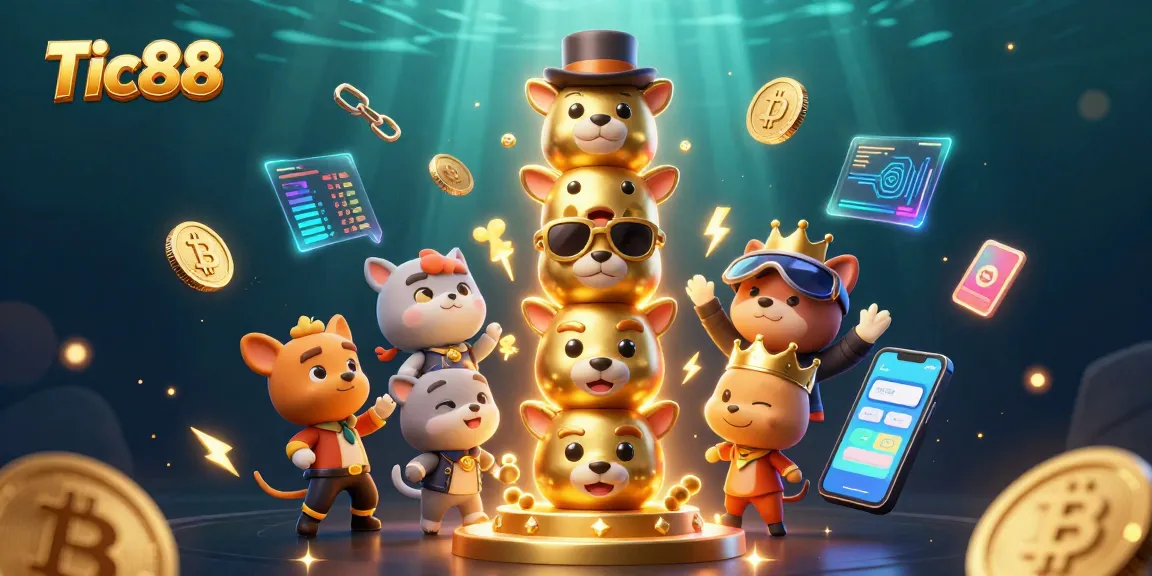 Tic88 showcases a vibrant 3D illustration of a golden totem pole with casino accessories amidst glowing crypto coins, creating an exciting gambling atmosphere.