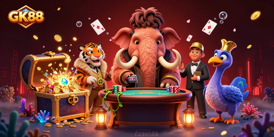Experience GK88 excitement with a mammoth bouncer, tiger VIP, and dodo doorman at the casino doorway.