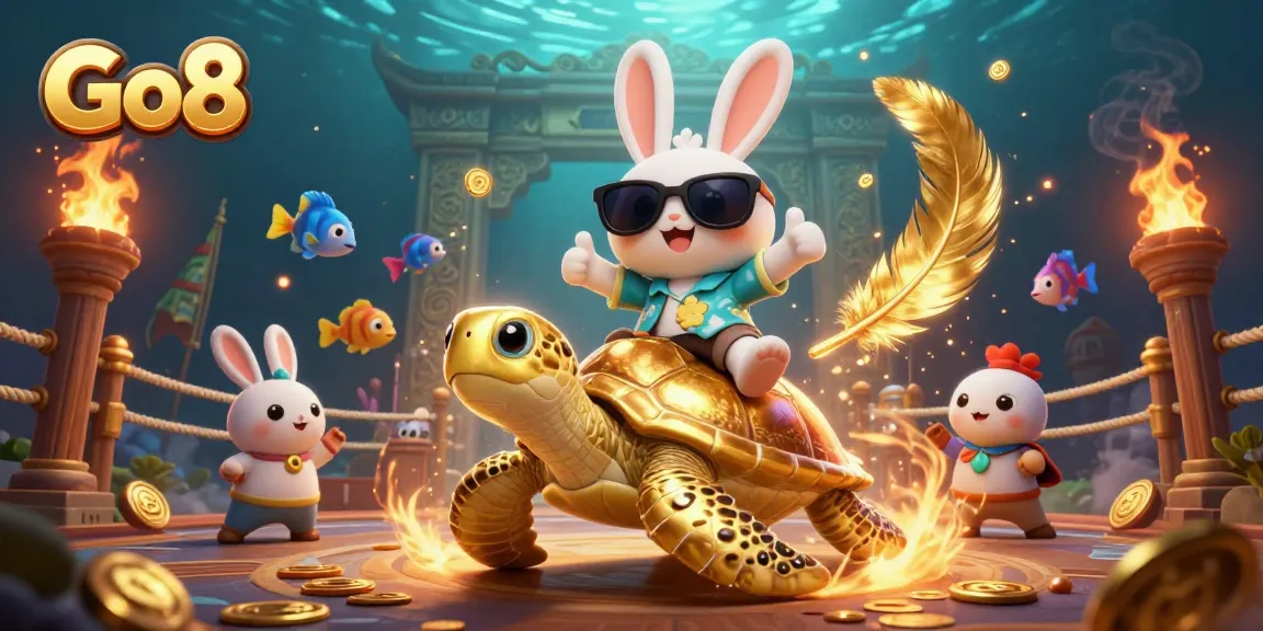 Go8 animated illustration of cheerful rabbit and golden sea turtle in vibrant casino atmosphere.