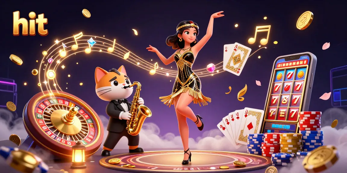 Hit spinning in a vibrant casino scene featuring a woman in a flapper dress and saxophone-playing cat.