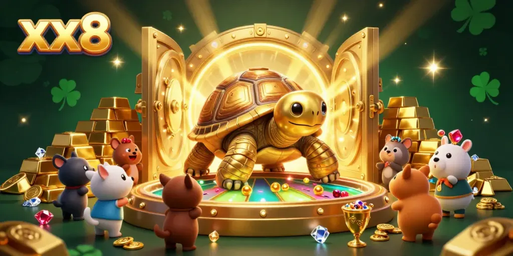Engage with xx8's thrilling casino adventure, surrounded by treasures and excitement in 3D.