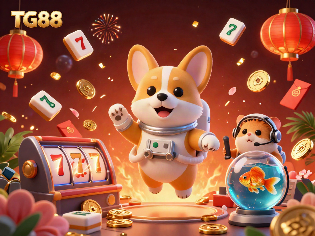 Experience winning thrills with TG88 in a vibrant casino space featuring cartoon characters and dynamic gaming elements.