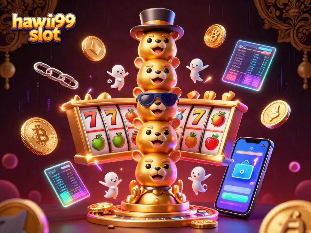Engage with the hawai99 slot through vibrant 3D illustration featuring a golden totem pole, Bitcoin coins, and animated slot symbols.