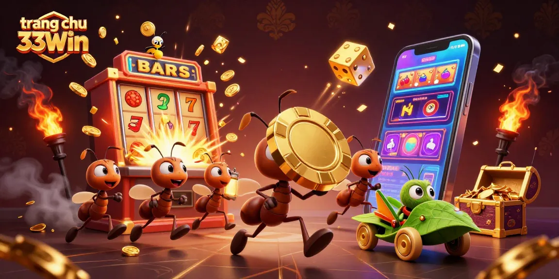 Experience excitement at trang chu 33Win with a treasure heist featuring cartoon ants and casino elements.