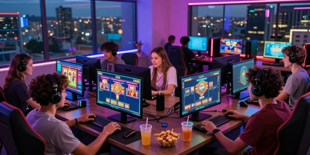 Diverse friends enjoying gaming experience with wira55 slot games in a vibrant setting.
