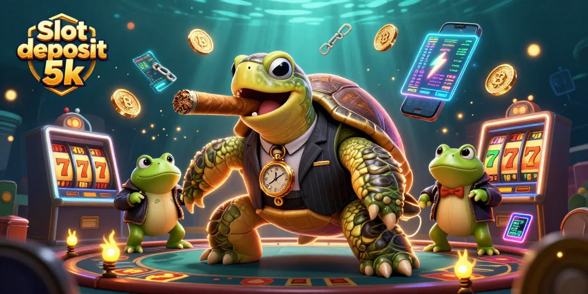 Menangkan slot deposit 5k dengan ilustrasi kartun 3D, penyu besar dalam setelan gangster.