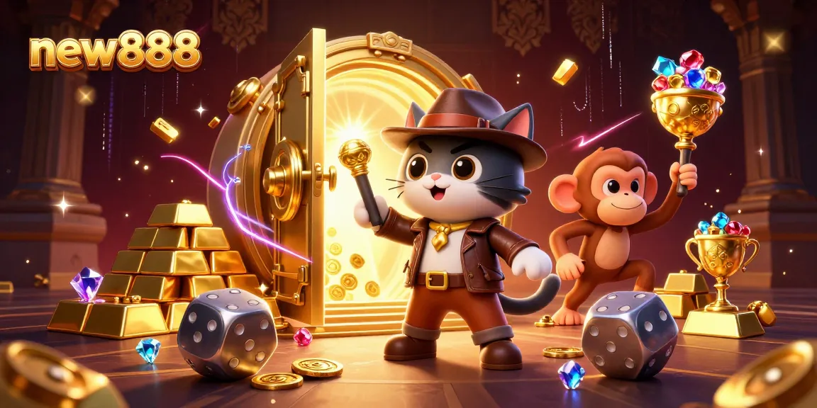 Experience thrilling new888 casino adventures with an explorer cat and golden treasures.