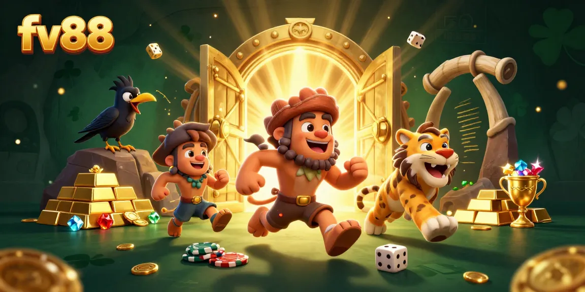 Engage in thrilling casino action at fv88 with a vibrant scene of a caveman, sabertooth tiger, and clever crow.