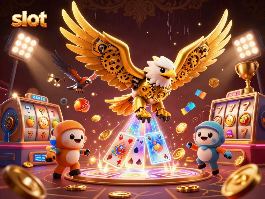 Experience thrilling slot gameplay alongside a cybernetic eagle in a vibrant 3D casino scene.