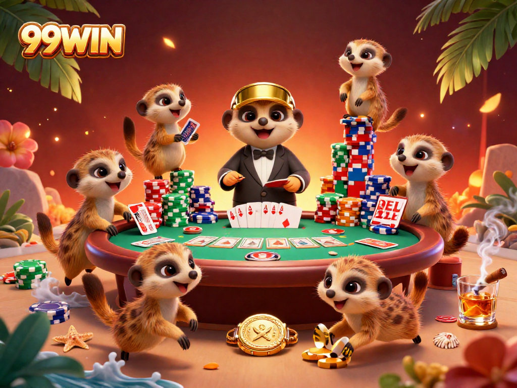 Engage in thrilling 99WIN casino fun with lively meerkats at the poker table.