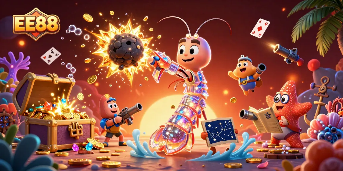 Experience EE88's vibrant gaming scene with a galactic samurai shrimp and treasure chests bursting with gems.