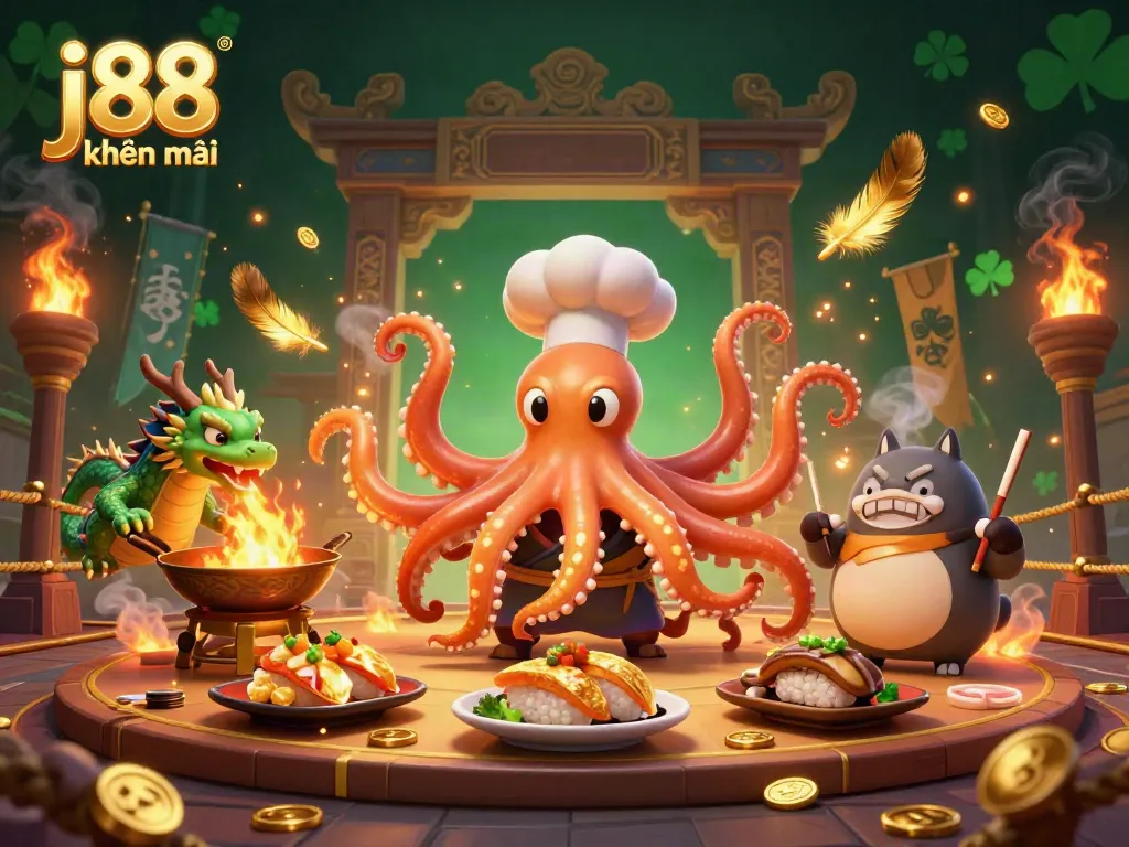 Experience thrilling j88 khuyến mãi with an octopus chef creating delicious dishes in a vibrant casino scene.