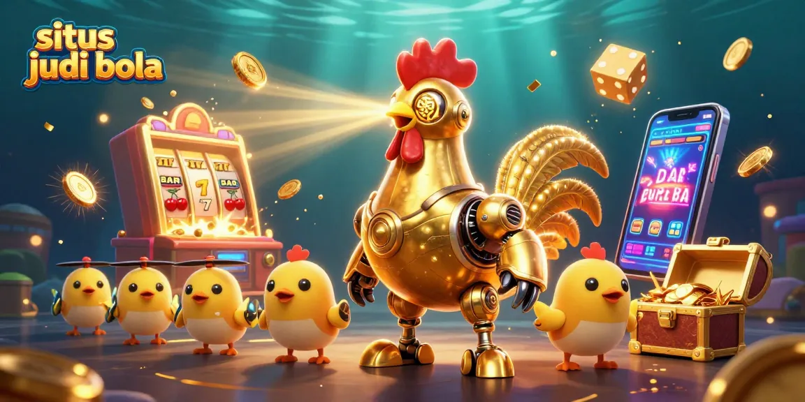 Engage in situs judi bola with a vibrant golden rooster hero and dynamic casino elements.