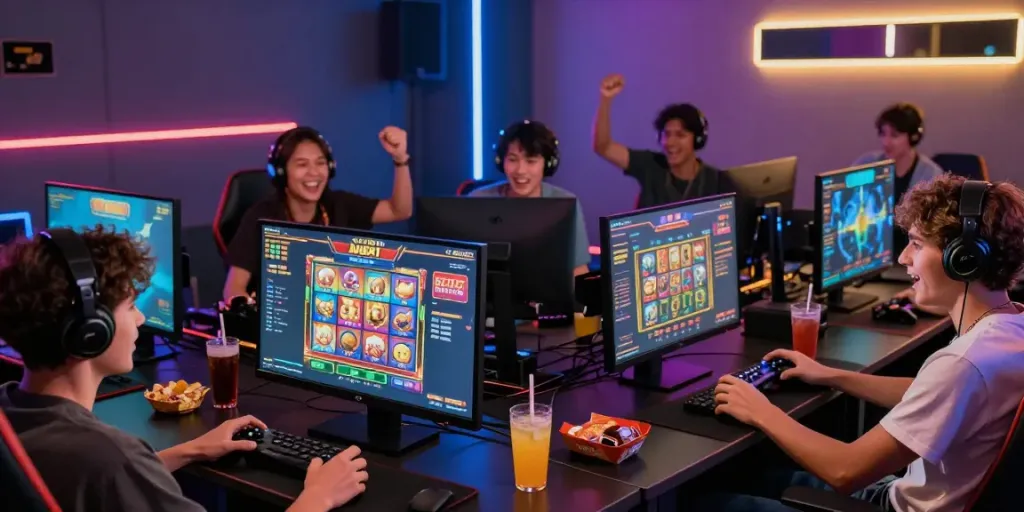 Friends enjoying an exciting judi slot game experience in a vibrant gaming room