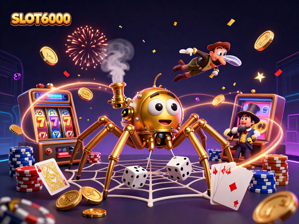 SLOT6000 ignites excitement with a whimsical steampunk spider and golden gaming treasures.