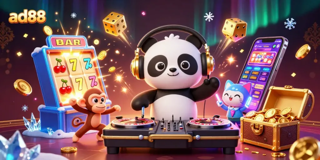 ad88 showcases a vibrant 3D casino scene with DJ panda, breakdancing monkey, and glowing kitten amidst slot machines and dynamic gaming elements.
