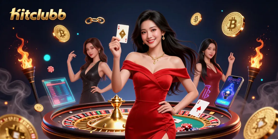 Engage with hitclubb's vibrant casino scene featuring a confident woman holding a playing card.