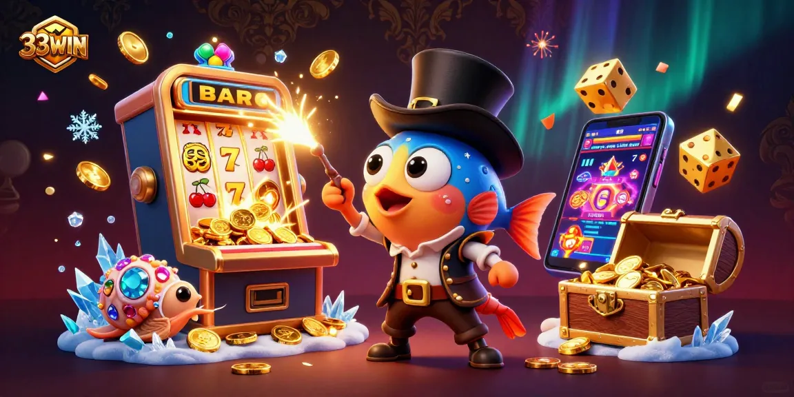 Win big with 33WIN in this vibrant 3D casino scene featuring dynamic slot machines and characters.