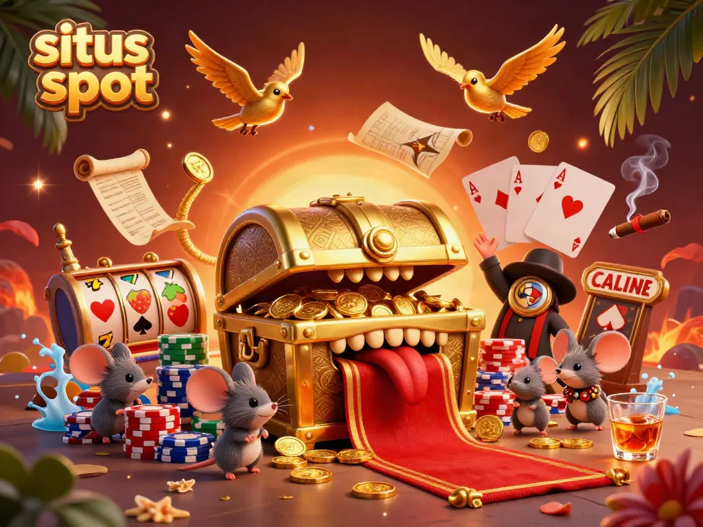 Spin the reels at situs slot with a vibrant treasure chest scene and colorful poker chips.