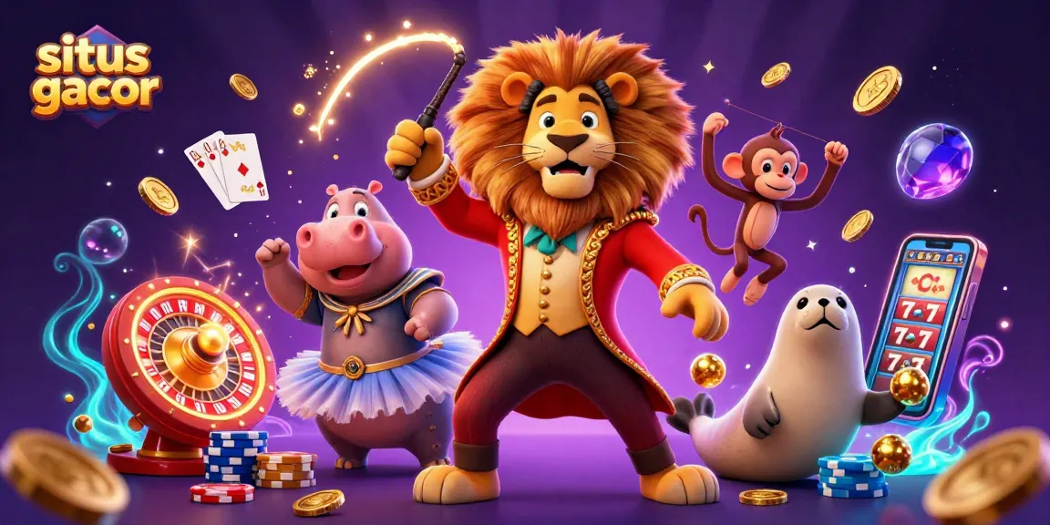 Sparkling scene featuring the slogan 'situs gacor' with playful casino characters amidst flying coins and vibrant game elements.