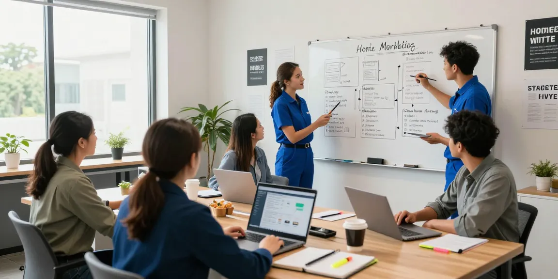 Home service marketing agency team strategizing SEO tactics in a modern office.