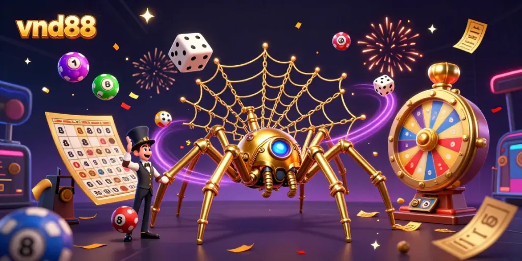 Engage in thrilling gameplay at vnd88, showcasing vibrant lottery balls and an intriguing spider trap scene.