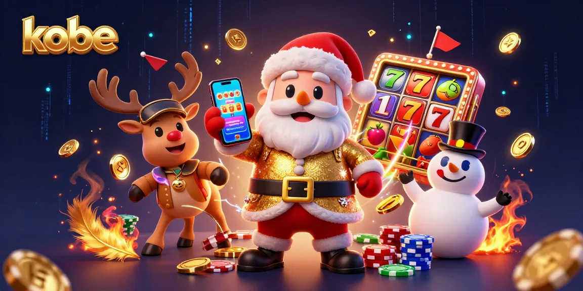 Kobe-themed slot game illustration with Santa, reindeer, and snowman celebrating jackpots.