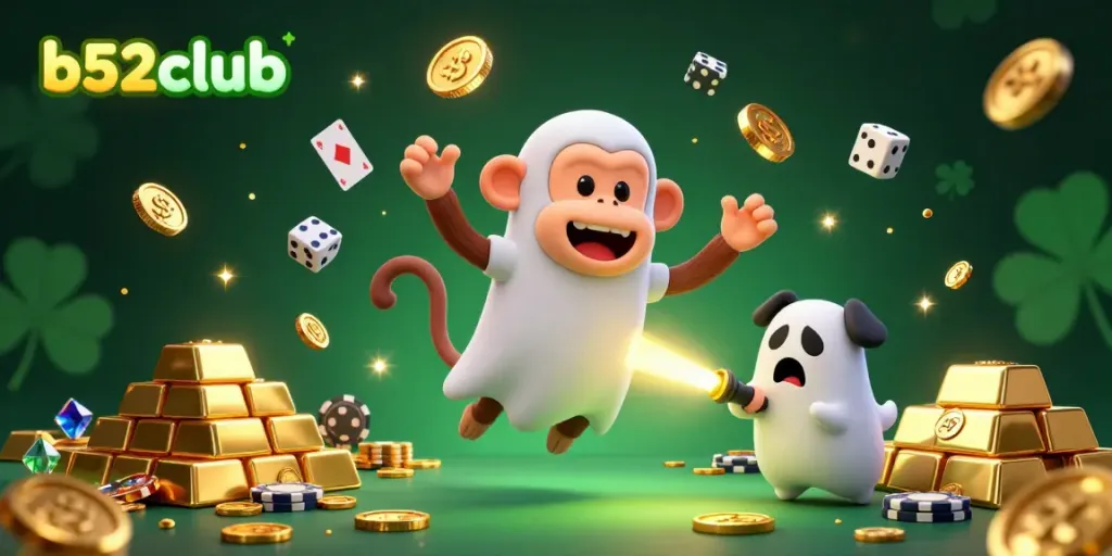 Experience b52club with a mischievous monkey juggling golden casino treasures in a vibrant haunted scene.