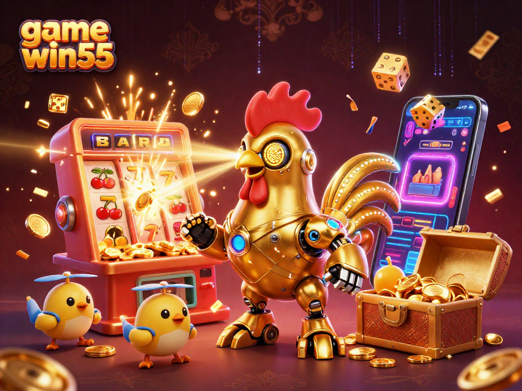 Experience big wins with game win55 amid a vibrant, colorful casino scene with exciting elements.