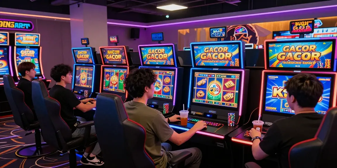 Exciting online gaming scene showcasing slot gacor outcomes with enthusiastic players at modern stations.