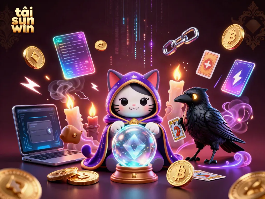 Experience excitement when tải sun win with a 3D illustration of fortune teller cat and raven amidst crypto elements.