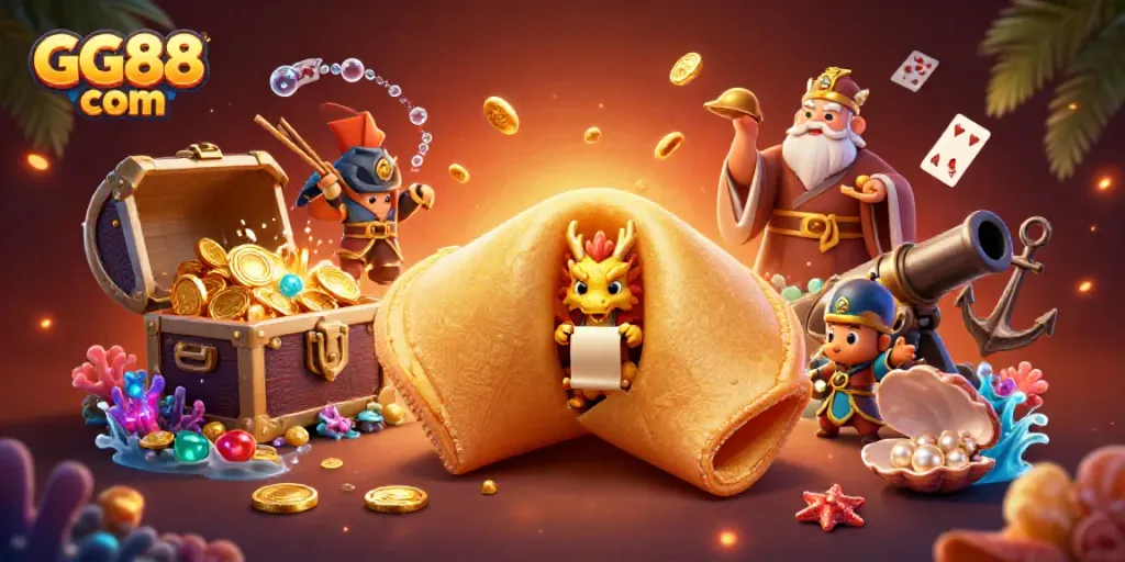 Win big at GG88 com with vibrant 3D casino characters amidst underwater treasures and game elements.