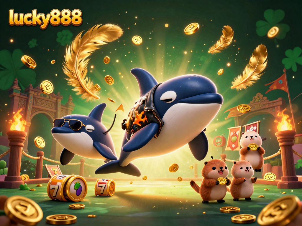 Experience the thrill of lucky888 as a vibrant orca jumps in a lively casino scene filled with treasures.