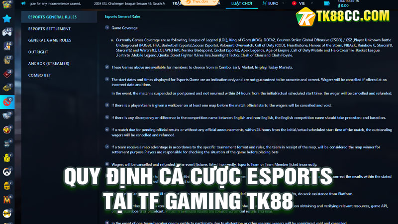 Quy định cá cược esports tại tf gaming tk88